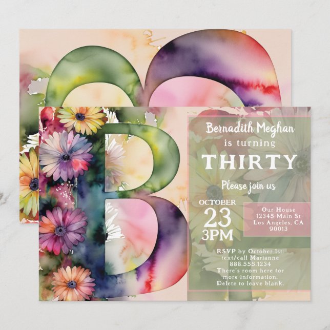 Monogram B Colorful Watercolor Flowers Birthday  Invitation (Front/Back)