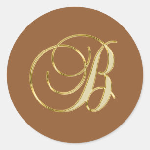 Monogram B gold on brown background Classic Round Sticker