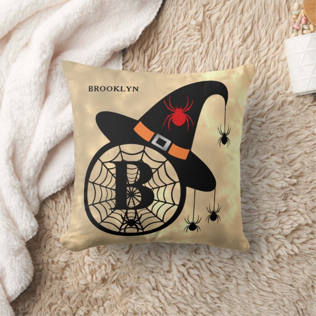 Monogram B Halloween Sky Witch Spiders Name Cushion (Blanket)