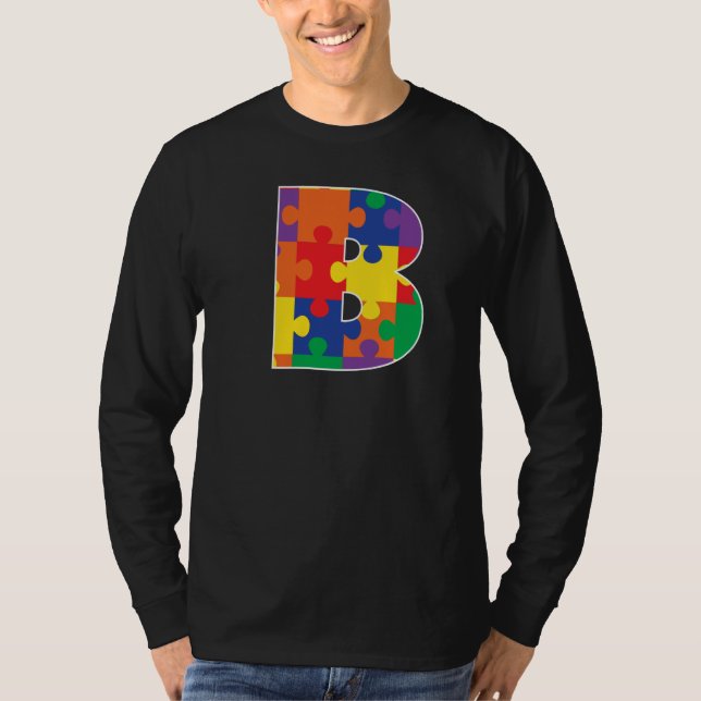 Monogram B in Multi Color Puzzle Pieces T-Shirt (Front)