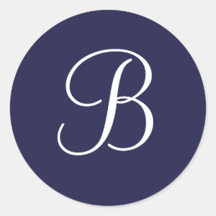 Monogram B in White on Navy Blue, Classic Round Sticker