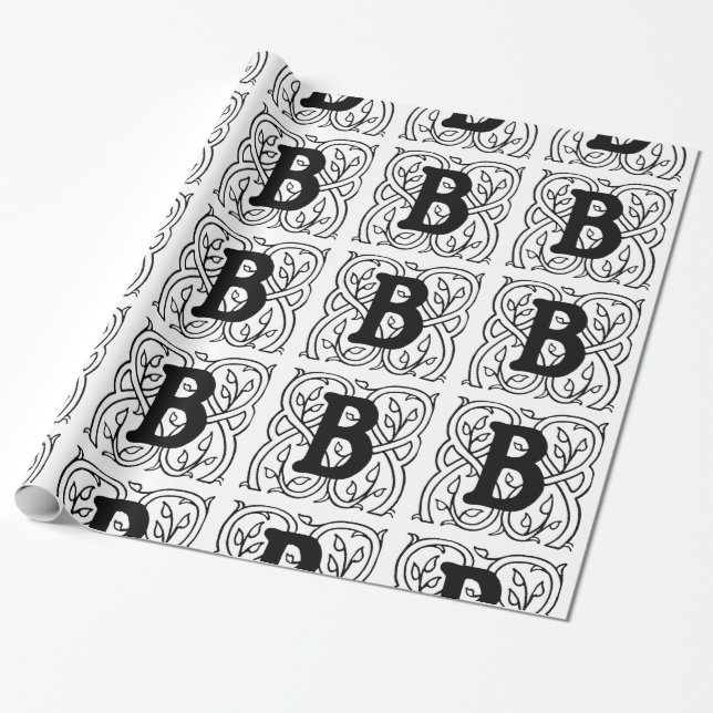 Monogram B Initial Black and White Floral Pattern Wrapping Paper (Unrolled)