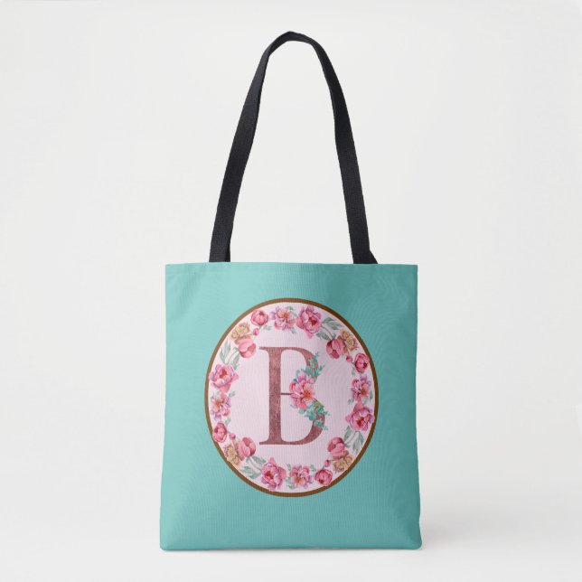 Monogram B Letter with Peony Flower Image Tote Bag (Front)