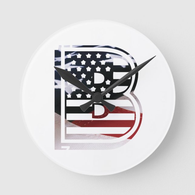Monogram B USA Flag American Initial Round Clock (Front)