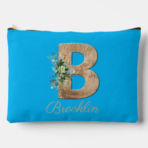 Monogram B wood letter blue flower black Accessory Pouch