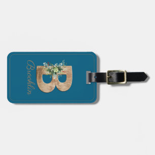 Monogram B wood letter blue flower Luggage Tag