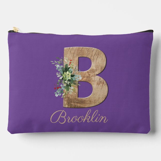 Monogram B wood letter violet flower  Accessory Pouch (Front)