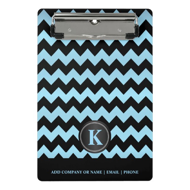 Monogram Baby Blue & Black Chevron Stripes Mini Clipboard (Front)