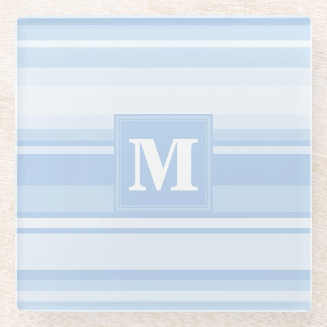 Monogram baby blue stripes glass coaster (Front)