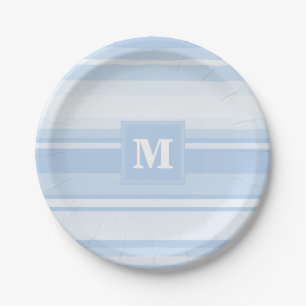 Monogram baby blue stripes paper plate