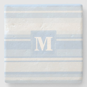 Monogram baby blue stripes stone coaster