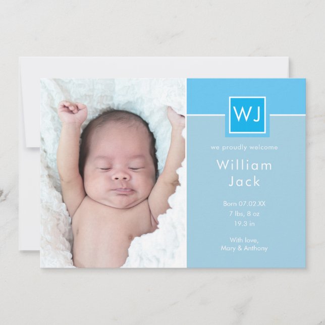 Monogram Baby Boy Photos Blue Elegant Chic Birth Announcement (Front)