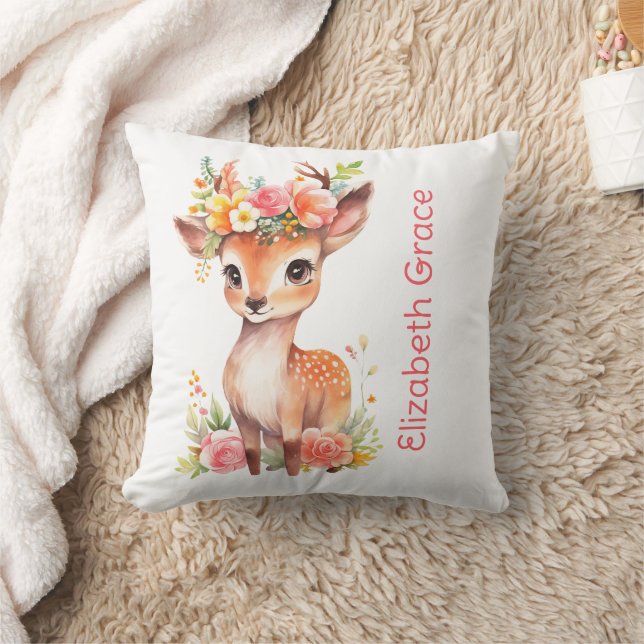 Monogram Baby Deer Pink Floral Flowers Baby Cushion (Blanket)