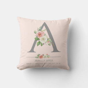 Monogram Baby Girl   Birth Stats Heart Floral Cushion