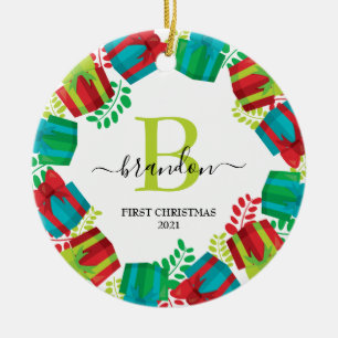 Monogram Baby Name First Christmas Xmas Wreath Ceramic Tree Decoration