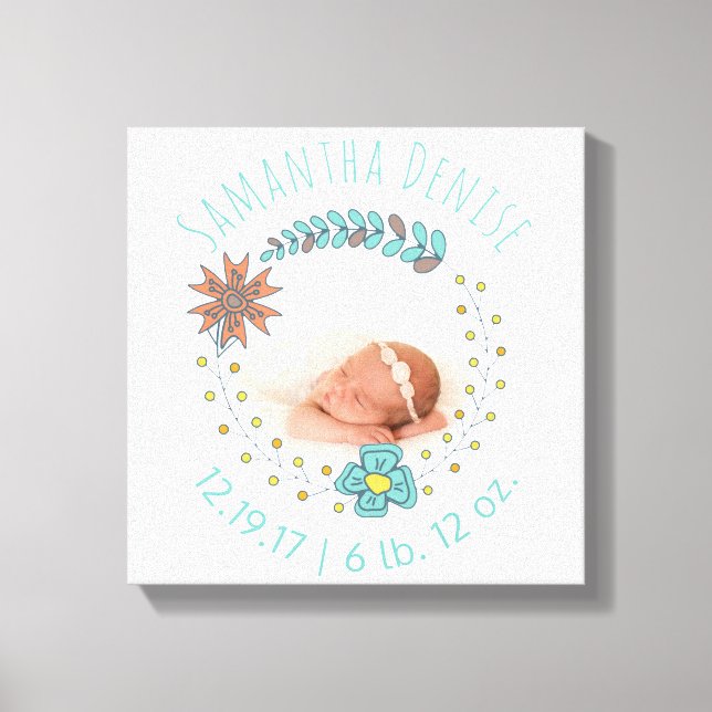 Monogram Baby Photo Boho Floral Birth Announcement Canvas Print (Front)