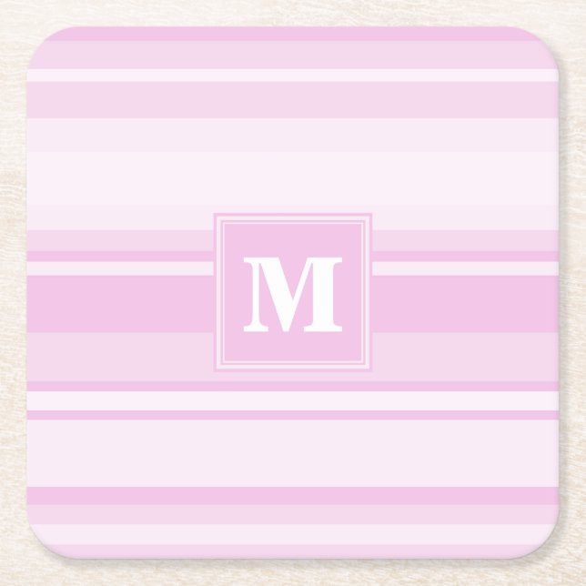 Monogram baby pink stripes square paper coaster (Front)