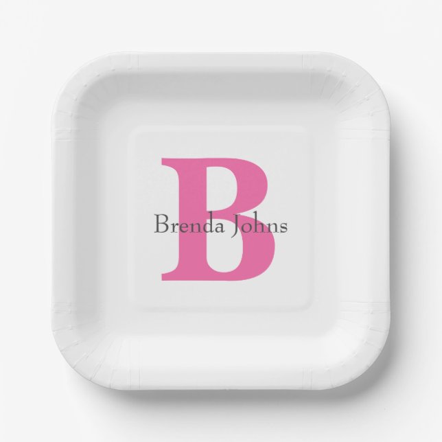 Monogram  Baby Shower Bridal Shower Pink Cute Paper Plate (Front)