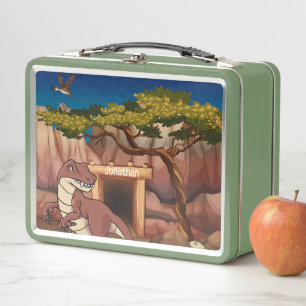 Monogram back to school cute dinosaurs brown green metal lunch box