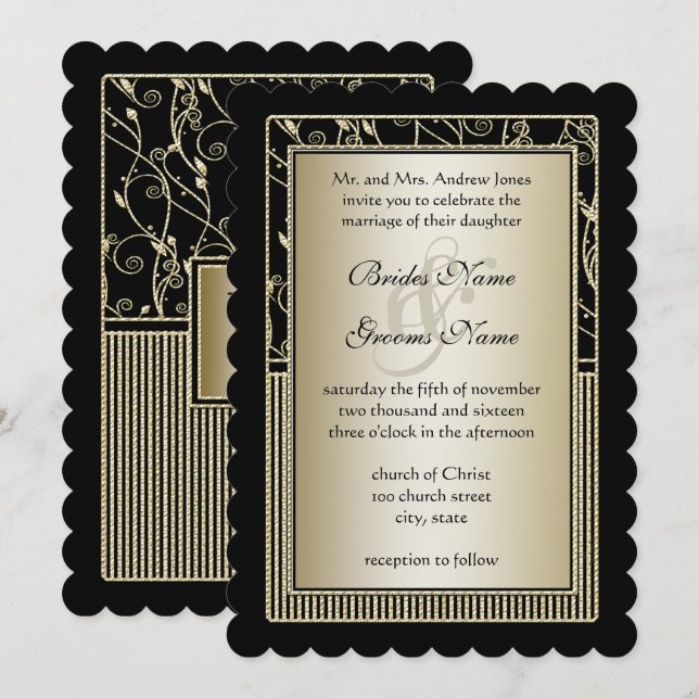 Monogram Balck and Gold Swirl Wedding Invitation (Front/Back)