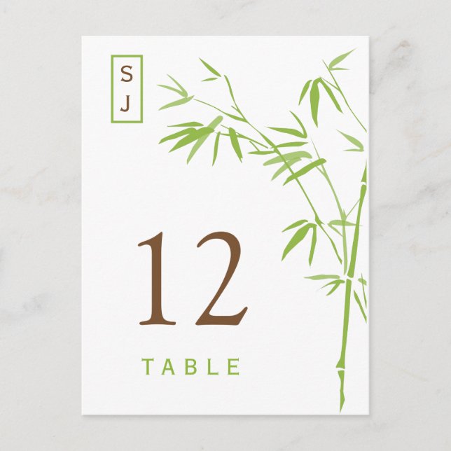 Monogram Bamboo Table Number Card | Green & Brown (Front)
