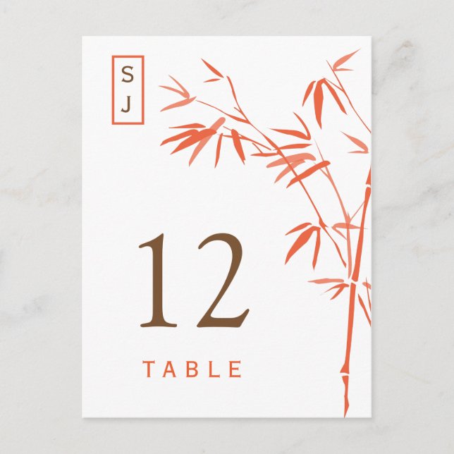 Monogram Bamboo Table Number Card | Orange & Brown (Front)