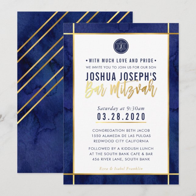 MONOGRAM BAR MITZVAH dark blue watercolor gold Invitation (Front/Back)