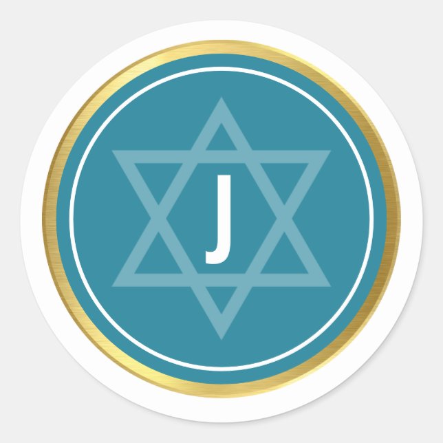 MONOGRAM BAR MITZVAH modern teal blue gold Classic Round Sticker (Front)