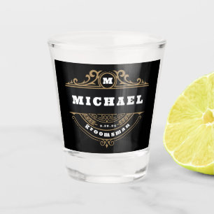 Monogram Baroque Black and White Bachelor Party Shot Glass