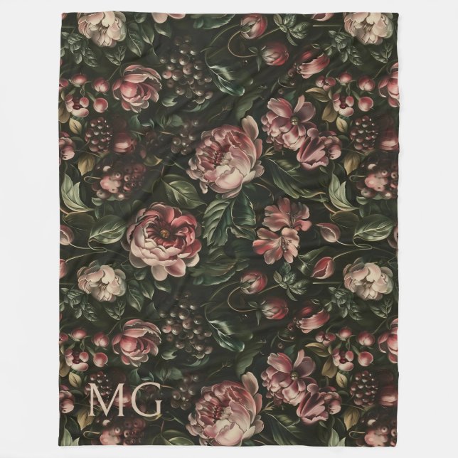 Monogram Baroque Dark Purple Floral Pattern Fleece Blanket (Front)