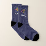 Monogram | BARUCH ATAH ADONAI | Hanukkah Socks<br><div class="desc">Stylish, mid blue HANUKKAH Socks, designed with a menorah, dreidel and Star of David. Curved text at the top says BARUCH ATAH ADONAI (Blessed are You, O God) and beneath says HAPPY HANUKKAH. There is a customisable TRIPLE MONOGRAM, which you can PERSONALIZE with your own initials. The design is repeated...</div>