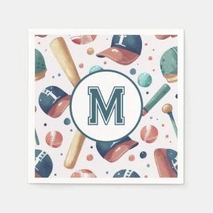 Monogram Baseball Theme Pattern Personalised Napkin