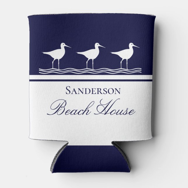 Monogram Beach house navy blue Sandpipers  Can Cooler (Front)