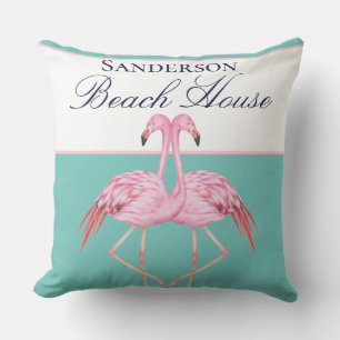 Monogram Beach house Teal navy blue Flamingos Cushion