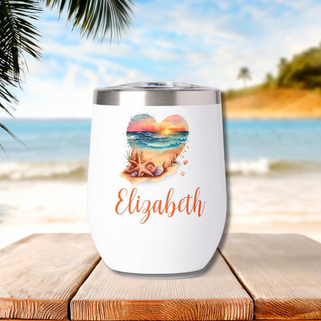 Monogram Beach Scene Bridesmaid Gift Bachelorette (Beach Scene Monogrammed Name Thermal Wine Tumbler)