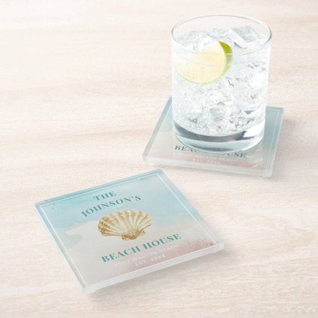 Monogram Beach Themed Glass Coaster (Angled)