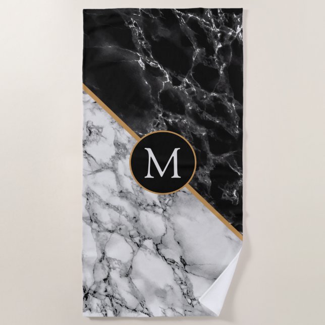 Monogram Beach Towel Black White Marble Stonre (Front)