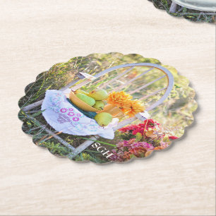 Monogram, Beautiful Autumn Print, Scallop Paper Coaster