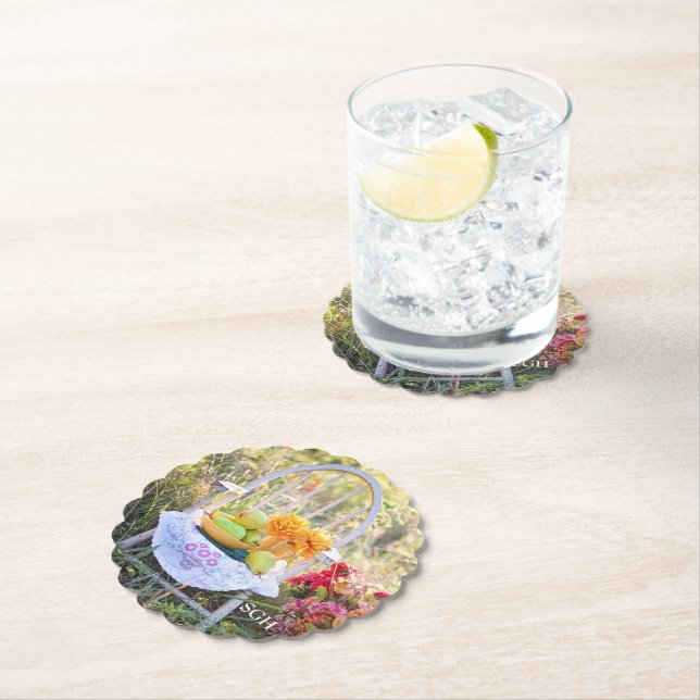 Monogram, Beautiful Autumn Print, Scallop Paper Coaster (Insitu)