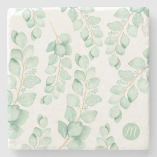 Monogram Beautiful Sage Green Eucalyptus Pattern Stone Coaster