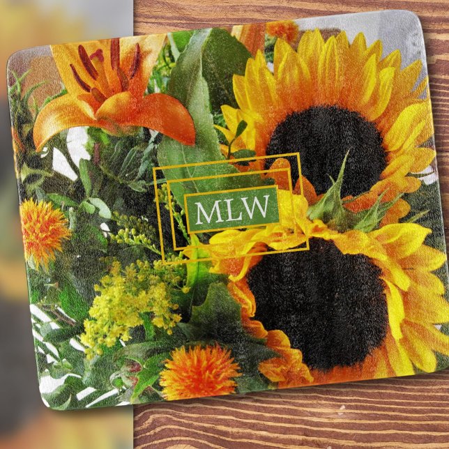Monogram, Beautiful Sunflowers Print Glass Cutting Board (Creator Uploaded)