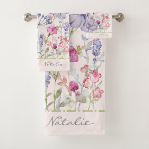 Monogram beautiful watercolor floral pink pastel bath towel set
