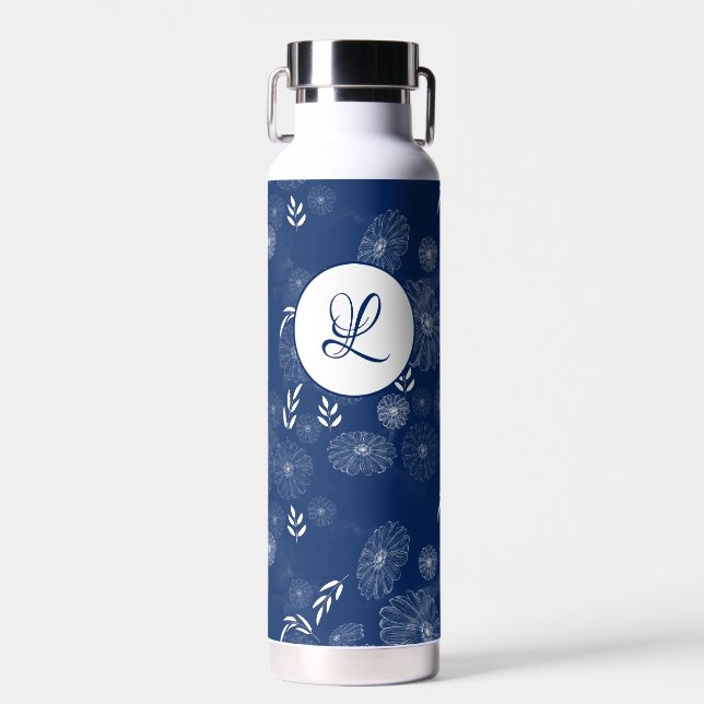 Monogram Beautiful Wild Flower Doodles Pattern Water Bottle (Front)