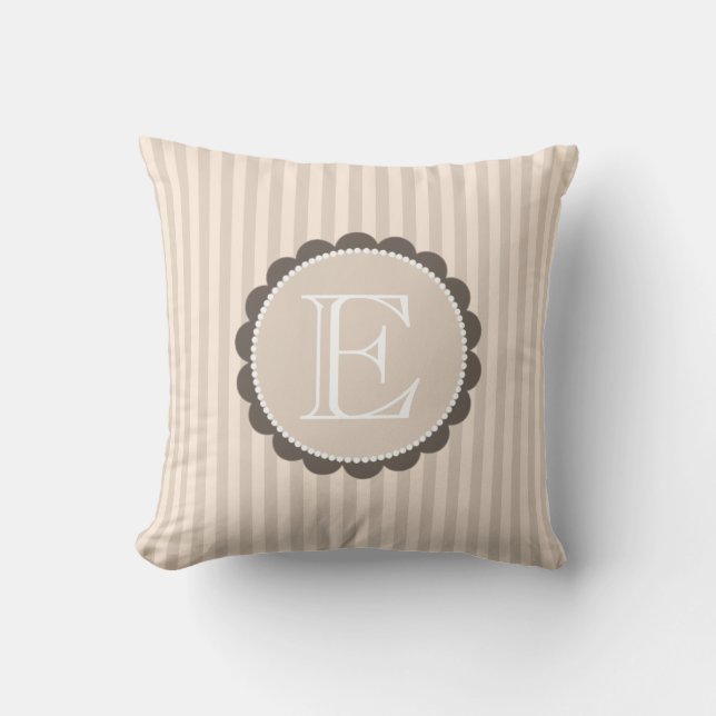 Monogram Beige Brown White Scalloped Stripes Cushion (Front)