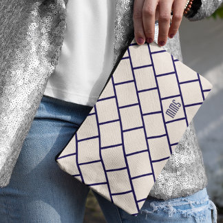 Monogram Beige & Navy Blue Stylish Trellis Pattern Accessory Pouch