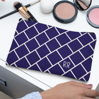 Monogram Beige & Navy Blue Stylish Trellis Pattern Accessory Pouch