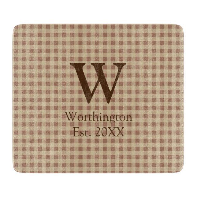 Monogram Beige Rust Buffalo Plaid Rustic Country Cutting Board (Front)