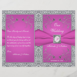 Monogram Berry Pink, Silver Floral Wedding Program