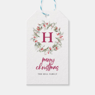 Monogram Berry Wreath Calligraphy Merry Christmas Gift Tags