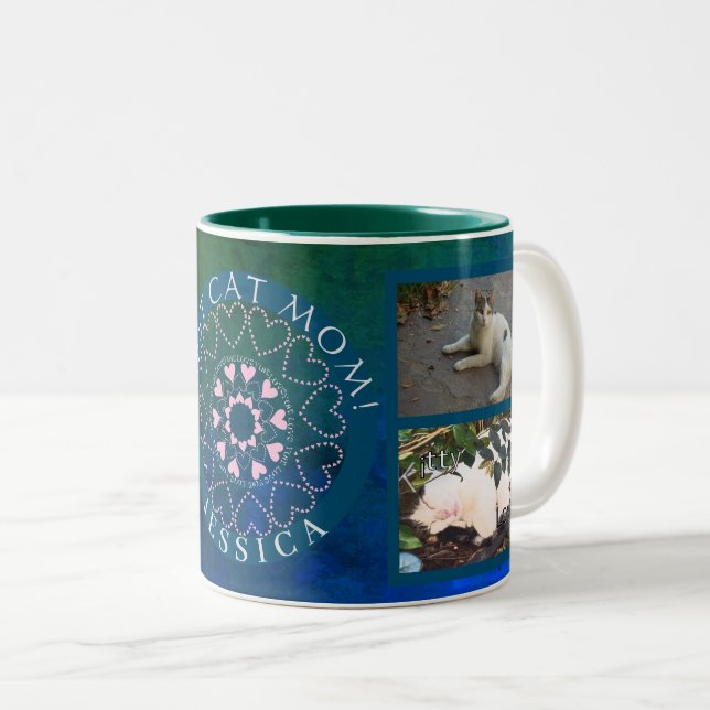 Monogram "Best Cat Mum "Custom 3 Photos Two-Tone Coffee Mug (Front Right)
